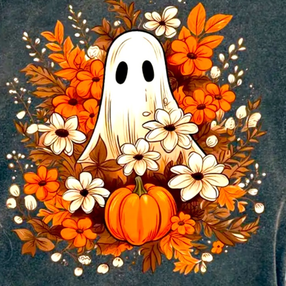 Vibrant Ghost Pumpkin & Floral Print Crew Neck Women’s T-Shirt